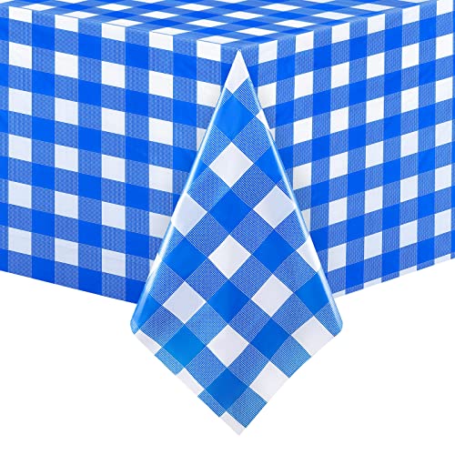 3 Pieces Table Cover Plastic Rectangle Buffalo Plaid Picnic Tablecloth Holiday Cottage Decorations for Thanksgiving Halloween Party Favors Supplies (Blue White)