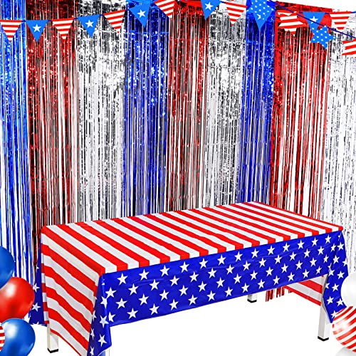 6 Pack 4th of July Decorations Patriotic Plastic Tablecloth 108 x 54 Inch American Flag Table Covers Red White Blue Foil Fringe Streamer Backdrop Curtains for Independence Day Party Decorations