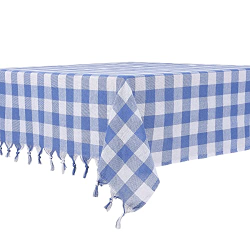 DESTALYA Checkered Tablecloth 55 x 55 Inch Picnic Blanket 100 Cotton Buffalo Check Plaid Gingham Rustic Style Linen Table Cover for Kitchen (Blue and White 55)