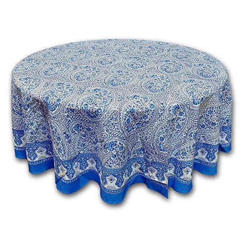 HOMESTEAD Cotton Hand Block Print Floral Paisley Tablecloth Round Blue White Fabric Tablecloth (Blue White Round 72 inches)