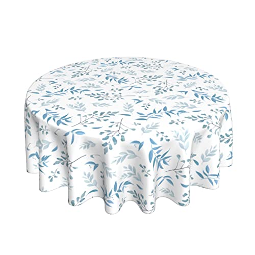 Watercolor Blue White Grey Leaves Round Tablecloth 60 Inch Teal Gray Woodland Leaf Table Clothes Spring Summer Waterproof Reusable Circle Table Cover for Picnic Party Dining Room Home Decor