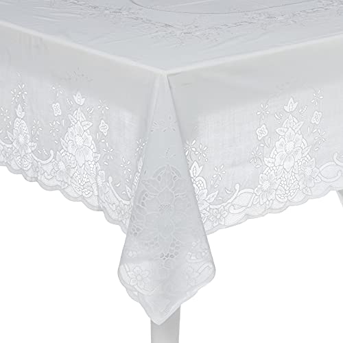 Spill Proof Tablecloth Heavy Vinyl lace with Full Vinyl Backing Easy Care (60x90 Inches Rectangular White)