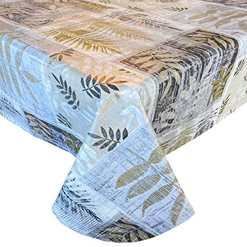Newbridge Arezzo Contemporary Leaf Print Vinyl Flannel Backed Tablecloth  Grey Gold and Silver Modern Block Leaves Easy Care IndoorOutdoor Tablecloth 52 x 52 Square