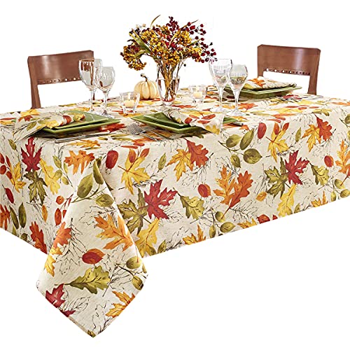 Newbridge Breezy Autumn Foliage Thanksgiving Fabric Tablecloth Contemporary Bold Colorful Fall Leaves Soil Resistant Easy Care Tablecloth 60 x 144 OblongRectangle
