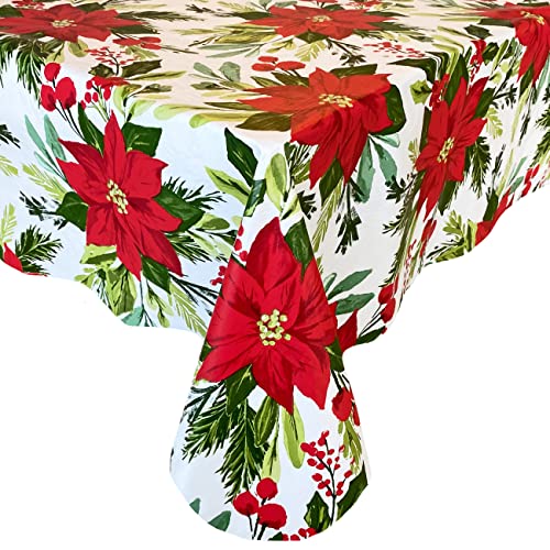 Newbridge Poinsettia Flourish Contemporary Vinyl Flannel Back Christmas Tablecloth Red Poinsettia and Berries Holiday Vinyl Tablecloth with Flannel Backing 60 Inch x 84 Inch OblongRectangle
