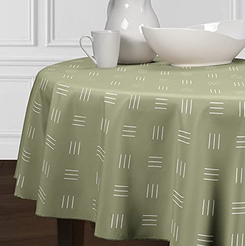 Sage Green White Cross Hatch Lines Boho Bohemian Aztec Tribal Tablecloth Decorative Overlay Cover Tabletop Dining Room Kitchen Table Linens Southwestern Contemporary Print Design Round 90in