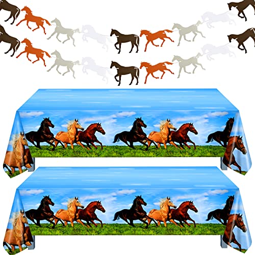 4 Pieces Horse Party Decorations Supplies Including 2 Pieces Horse Plastic Tablecloths and 2 Pieces Horse Garland Paper Banners for Horse Themed Party Horse Racing Activity