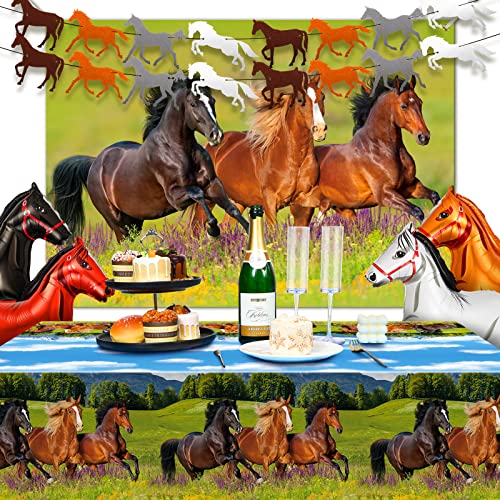 8 Pcs Horse Party Decorations Supplies Include Horse Plastic Tablecloths Horse Racing Decoration Backdrop Photography Backdrop Horse Garland Paper Banners Horse Balloon for Cowboy Cowgirl Party