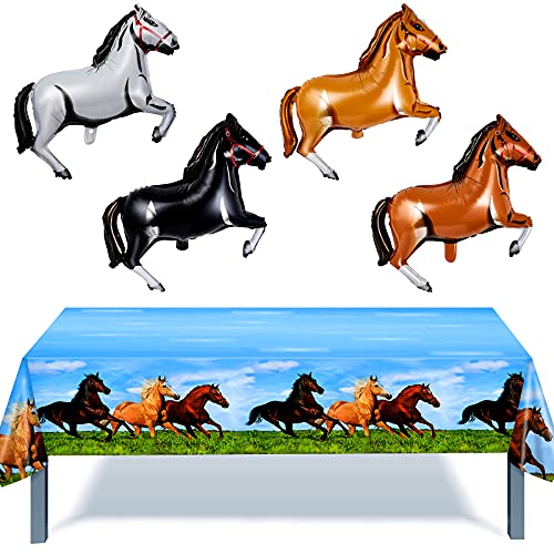 86 x 51 Inch Horse Theme Plastic Tablecloth and Horse Inflatable Balloons Aluminum Foil Horse Balloon Horse Theme Party Decorations for Birthday Holiday Party Supplies (5)