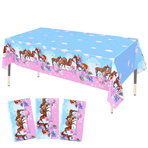 HHLCWA 3 Pack Pink Horse Party Tablecloth Wild Horse Theme Table Covers for Girls Pink Horse Kids Birthday Baby Shower Pink Horse Party Supplies 866 x 512in
