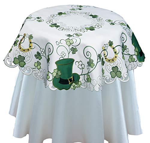 Creative Linens St Patricks Day Table Linens Spring Embroidered Shamrocks Irish Clovers and Leprechaun Hats Placemats Table Runners Tablecloths White Green (34 Round Table Topper)