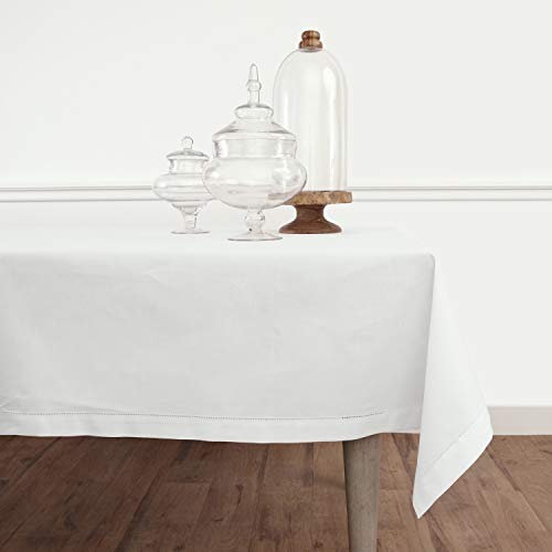 Solino Home Cotton Linen Tablecloth  58 x 126 Inch White Tablecloth for Christmas Thanksgiving Indoor and Outdoor  Machine Washable Cotton Linen Hemstitch