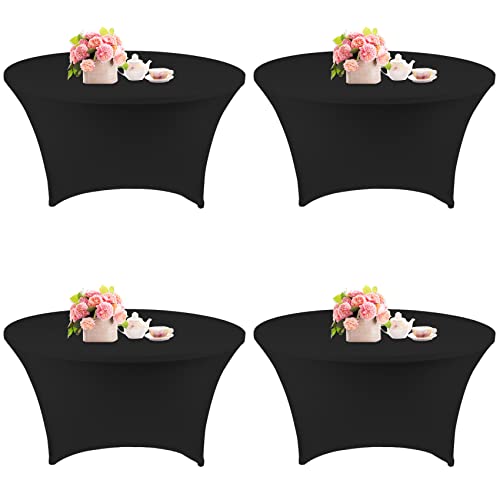 4 Pack 6FT Round Spandex Tablecloth 72 Inch Black Stretchable Table Cover Washable and Wrinkle Resistant Table Cloth Fitted Round Table for Wedding Banquet Birthday Party Restaurant (Black)