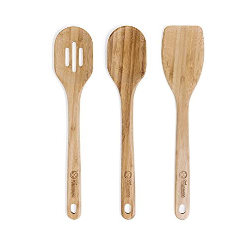 Chef Pomodoro Wooden Cooking Utensils 3Piece Set Bamboo  Large 125Inch Spatula Spoon Slotted Spoon  Pan Kitchen Frying Set