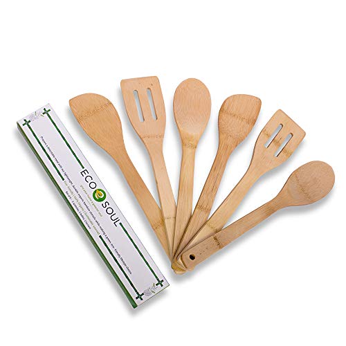 ECO SOUL  Organic Bamboo Wooden Kitchen Utensils Nonstick Premium Quality Spatula Cutlery Flatware  Set of 6  Spoons Ladles Turners for Cooking Serving Mixing