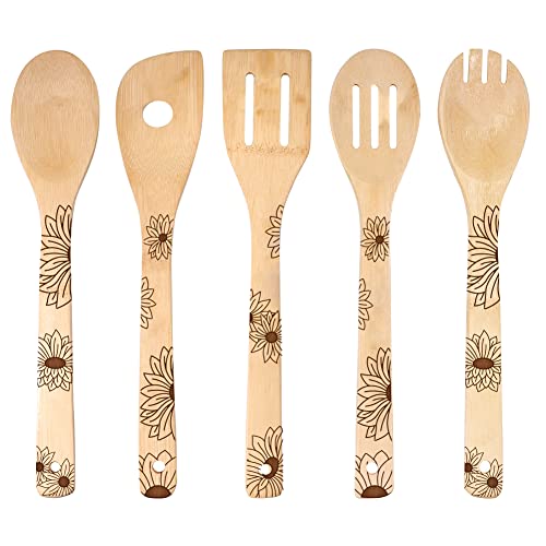 HYGNN Simple Sunflower Wooden Cooking SpoonsOrganic Engraved Bamboo UtensilsKitchen Decor Wedding Birthday Mom Anniversary Organic NonStick Bamboo Sets of 5