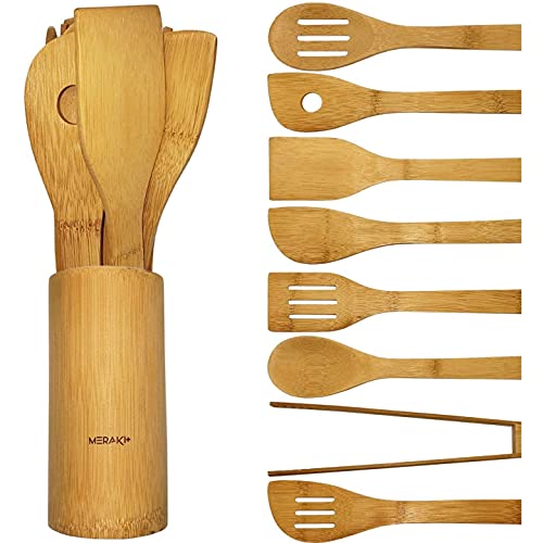 Meraki (9 Pack) Bamboo Cooking Utensils Durable Wooden Kitchen Utensil Set with Holder Eco Friendly Wood Kitchen Gadgets Kitchen Tool Set for Nonstick Cookware Wooden Cooking Spoons  Spatulas