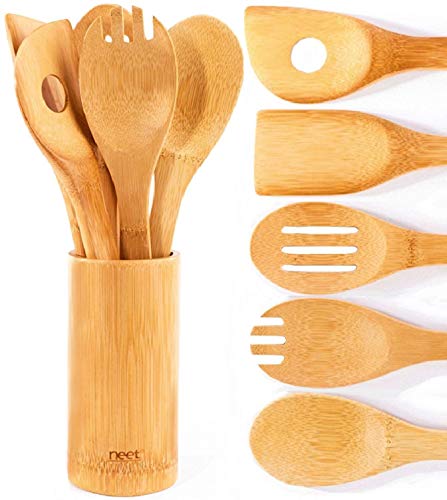 Neet Wooden Spoons For Cooking 6 Piece Organic Bamboo Utensil Set With Holder Wood Kitchen Utensils Spatula Spoon For High Heat Stirring In Nonstick Pots  Pans Quality Gift  Everyday Use