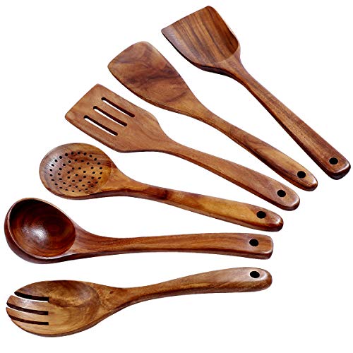 Wooden Kitchen Utensil Set Uncoated Dishwasher Safe Bamboo Cooking Utensils Set with Holes Organic Teak Wooden Spoons for Cooking (Dark Brown)
