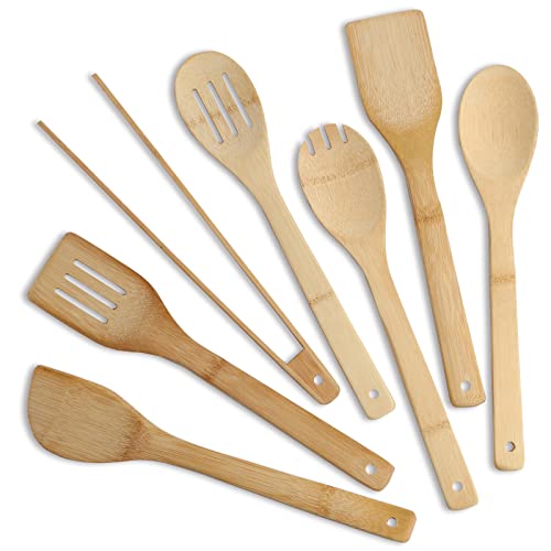 Wooden Spoons for Cooking Set of 7 Organic Bamboo Cooking Utensils Wood Tong Slotted Serving Spoons Spatula Housewarming Gift Kitchen Utensils Set for Nonstick Cookware and Wok