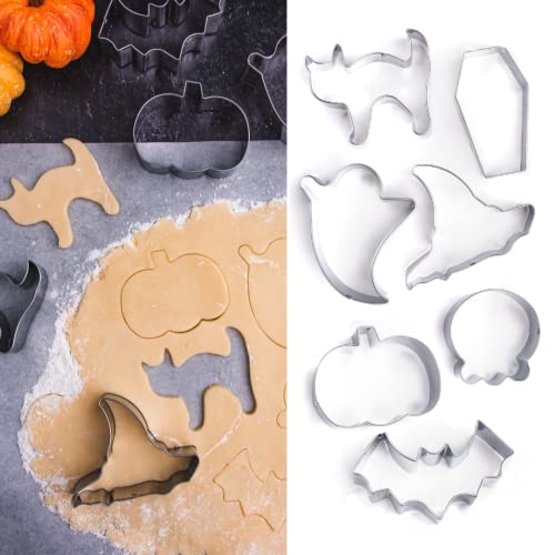 Cookie Cutter Kingdom  Halloween Cookie Cutters Large 7 Piece Set  Cookie Cutters Shape  Pumpkin Bat Ghost Cat Witch Hat Skull Coffin Biscuit Fondant Cutters for Halloween Party Decorations