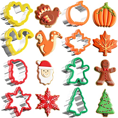 Fall Thanksgiving Cookie cutters Set 8 Pieces Holiday Christmas Cookie Cutters Pumpkin Leaf Baking Cutters Shapes for Kids with Comfort Grip Gingerbread Man Turkey Squirrel Xmas Tree Santa etc