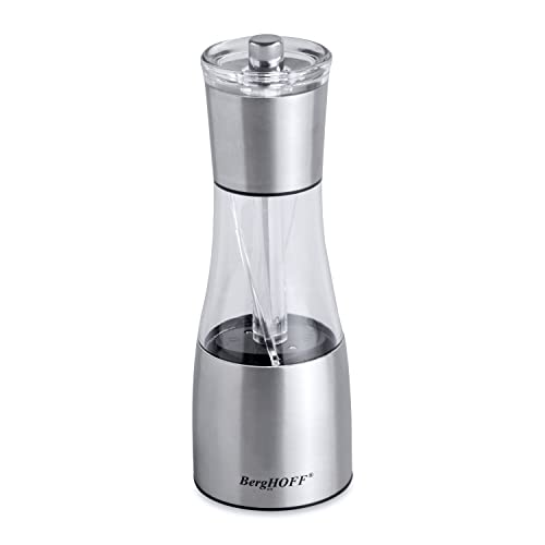 BergHOFF Essentials Premium 1810 Stainless Steel Salt  Pepper Mill 25 x 25 x 75 Corrosion Resistance Acrylic Holder Ceramic Grinding Mechanism Durable Material Spaceefficient Satin finish