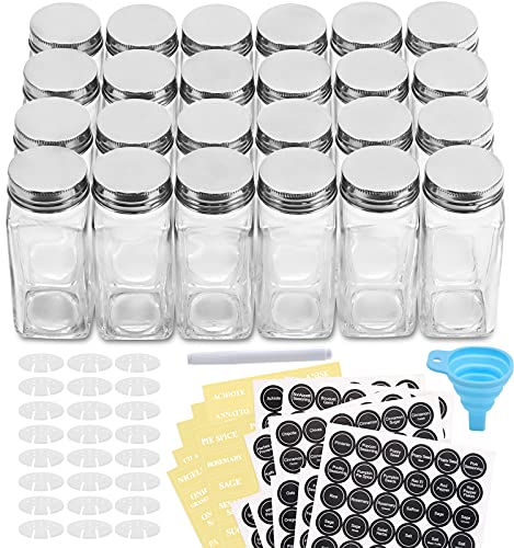 AOZITA 24 Pcs Glass Spice Jars  Bottles with Spice Labels  4oz Empty Square Spice Containers Condiment Pot  Shaker Lids and Airtight Metal Caps  Silicone Collapsible Funnel Included