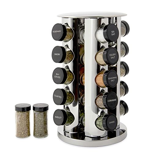 Kamenstein Revolving 20Jar Countertop Rack Tower Organizer with Free Spice Refills for 5 Years Polished Stainless Steel with Black Caps
