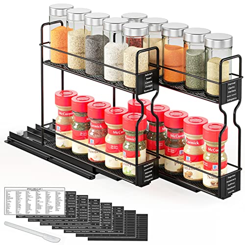 SpaceAid Pull Out Spice Rack Organizer for Cabinet Heavy Duty Slide Out Seasoning Kitchen Organizer Cabinet Organizer with Labels and Chalk Marker 52W x1075D x10H 2 Drawers 2Tier