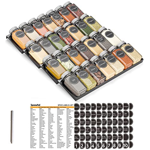 SpaceAid Spice Drawer Organizer with 28 Spice Jars 386 Spice Labels and Chalk Marker 4 Tier Seasoning Rack Tray Insert for Kitchen Drawers 128 Wide x 175 Deep