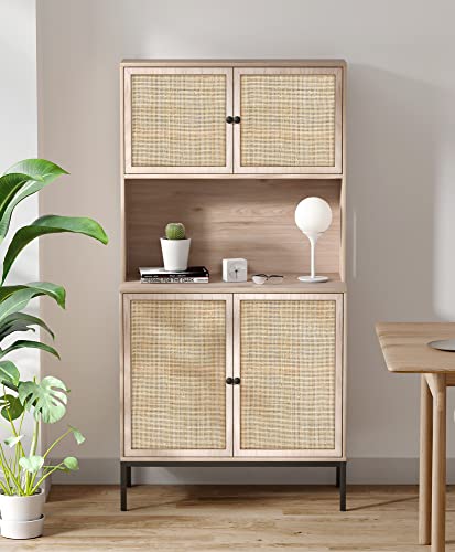 Brafab 63 Kitchen Buffet with Hutch Pantry Storage Cabinet with Handmade Natural Rattan Cabinet Doors for Microwave Coffee Maker (Natural Color)