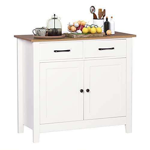 Kitchen Sideboard Buffet Storage Cabinet with 2 Drawers 1 Adjustable Shelf 2 Doors Cupboard Console Table for Living Room Dining Room Hallway Furniture Ivory White