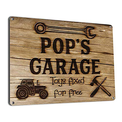 Pops Garage Toys Fixed for Free 115 x 155 Inch Aluminum Metal Sign Vintage Workshop and Garage Signs Wall Decor Gifts for Papa Dad Pop Woodworking Woodturning Cabinet Maker Mechanic