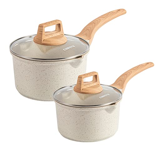 CAROTE 15 Quart and 24 Quart Saucepan Set with Lid Nonstick Sauce Pot Cooking Pot with Pour Spout PFOA FREE (White Granite 4 Pieces Set)