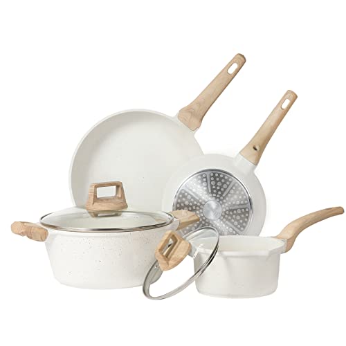 CAROTE Nonstick Pots and Pans Set  White Granite Induction Kitchen Cookware SetsNon Stick Cooking Set with Frying Pans  Saucepans(PFOS  PFOA Free)