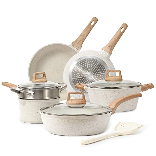 CAROTE Pots and Pans Set Nonstick White Granite Induction Kitchen Cookware Sets 10 Pcs Non Stick Cooking Set w Frying Pans  Saucepans(PFOS  PFOA Free)