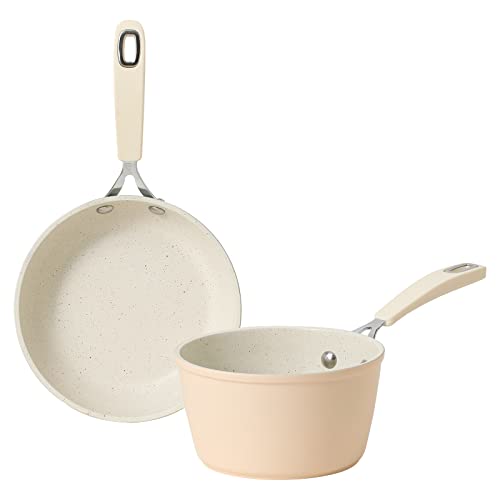 CAROTE Small Pots and Pans Set Nonstick White Granite Mini Cookware Sets with 6 Frying Pan  09 qt Seacepan Mini Egg Pan and Omelet Pan Stone Cookware Breakfast Pan PFOA Free