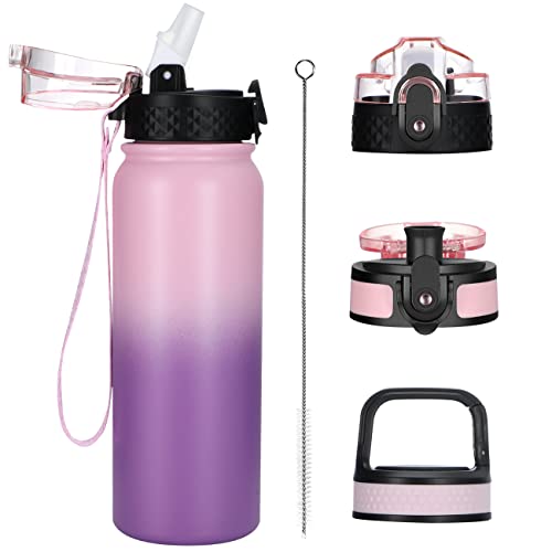 Insulated Water Bottle 20oz Kids Stainless Steel Water Bottles with StrawChugCarabiner 3 Lids Fruit Strainer Vivid Printing Double Wall Vacuum Wide Mouth BPA Free SweatLeakProof for School Travel