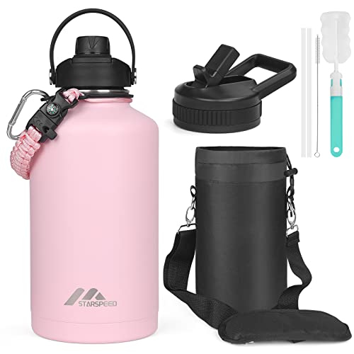 StarSpeed Half Gallon Insulated Water Bottle with 2 Lid 2 Straws Double Wall Vacuum Stainless Steel Water Jug with Paracord Handle and Carrier Pouch Wide Mouth Insulated Bottles for Sports Outdoor