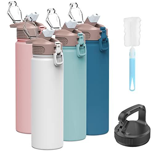 Insulated Water Bottle with Straw 25 oz Stainless Steel Water Bottles BPAFree Leak Proof Double Wall Vacuum Metal Water Bottle with 2 Lids for Biking Hiking CampingWHITE