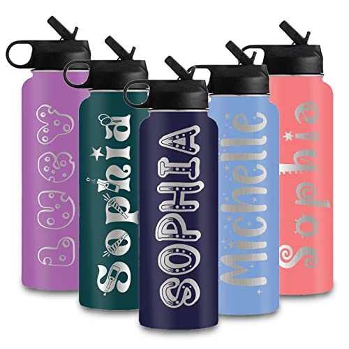 Personalized Water Bottle with StrawCustom Insulated Stainless Steel Sports Water Bottle with Name or TextDouble Wall Vacuum Insulated Gift Cup for Kids Women Men20 Fonts