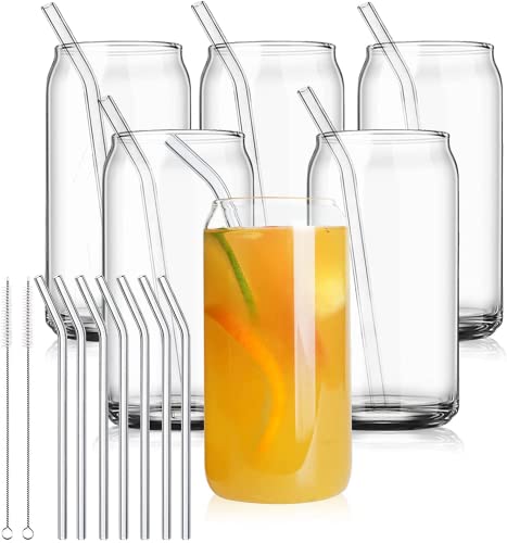 CAYOREPO 6 Packs 16oz Glass Cups Set with Glass Straw and Nonslip Silicone Sleeves，Iced Coffee Glasses Reusable Beer Can Glass for Water Wine Beer Cocktails and Mixed Drinks (6)