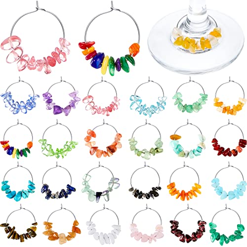 24 Pcs Wine Glass Charms Gemstone Beads Wine Charm Wine Glass Markers Drink Markers Tags Wine Tasting Party Favors Decorations Wine Charms Rings Decorations for Stem Glasses Wedding Holiday Birthday