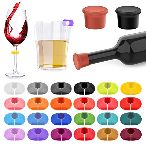 26Pcs Wine Glass Charms Tags with Bottle Stopper Silicone Wine Glass Drink Markers for Bar Party Martinis Cocktail Champagne Stem Glasses