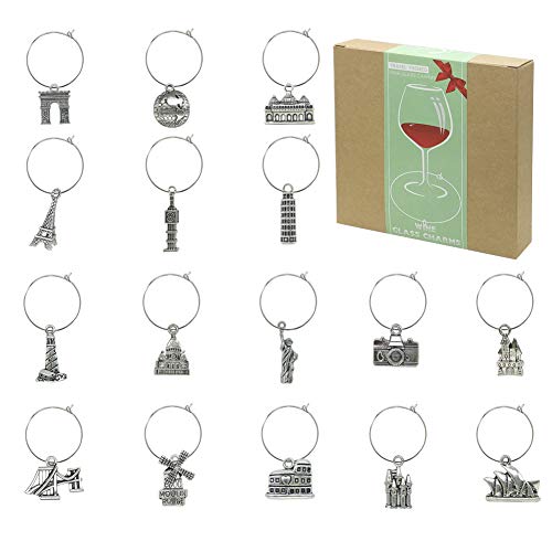 Wine Glass Charms Markers Tags IdentificationWine Charms for Stem Glasses Wine Bachelorette Tasting Party Favors DecorationsWorld Travel Themed Set of 16