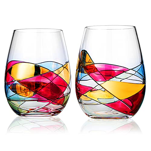 Artisanal Hand Painted Stemless  Rennesance Romantic Stainglassed Windows Wine Glasses By The Wine Savant  Set of 2  Gift Idea for Birthday Housewarming  Extra Large Goblets (Stemless)