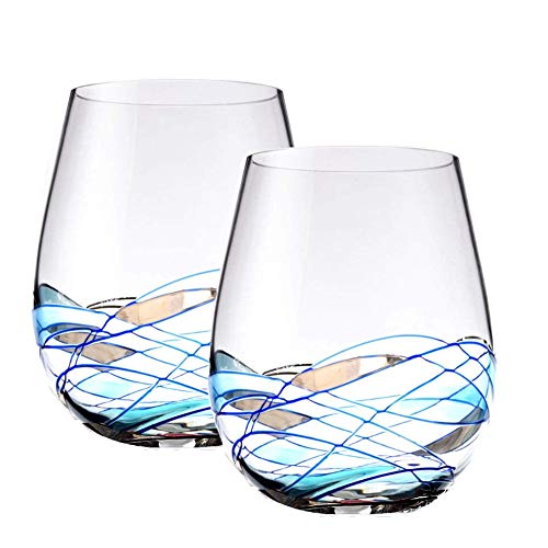 Bezrat Stemless Wine Glasses Set of Two  Hand Painted Large Premium Red and White Wine glasses  LeadFree Crystal  Essential Wine Gift  18 Ounces (Blue)