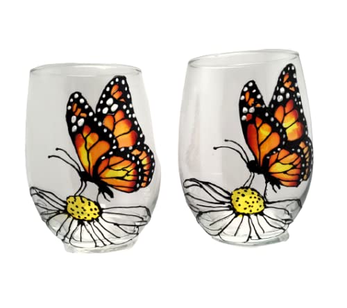 Monarch Butterfly Flower Hand Painted Stemless Wine Glasses Set of 2 Spring Home Decor