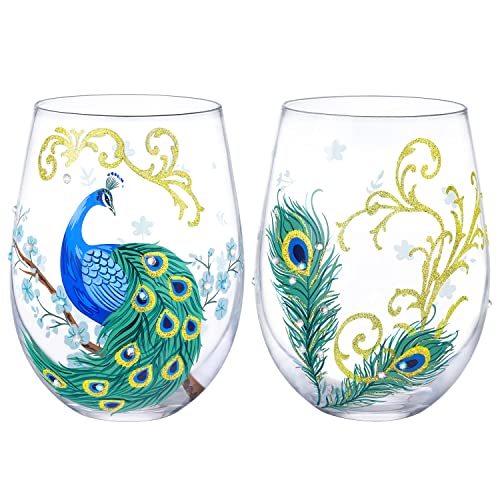 NymphFable Wine Tumbler Hand Painted Stemless Wine Glasses Peacock Set of 2 Wine Tumbler 18oz Personalised Gifts for Her